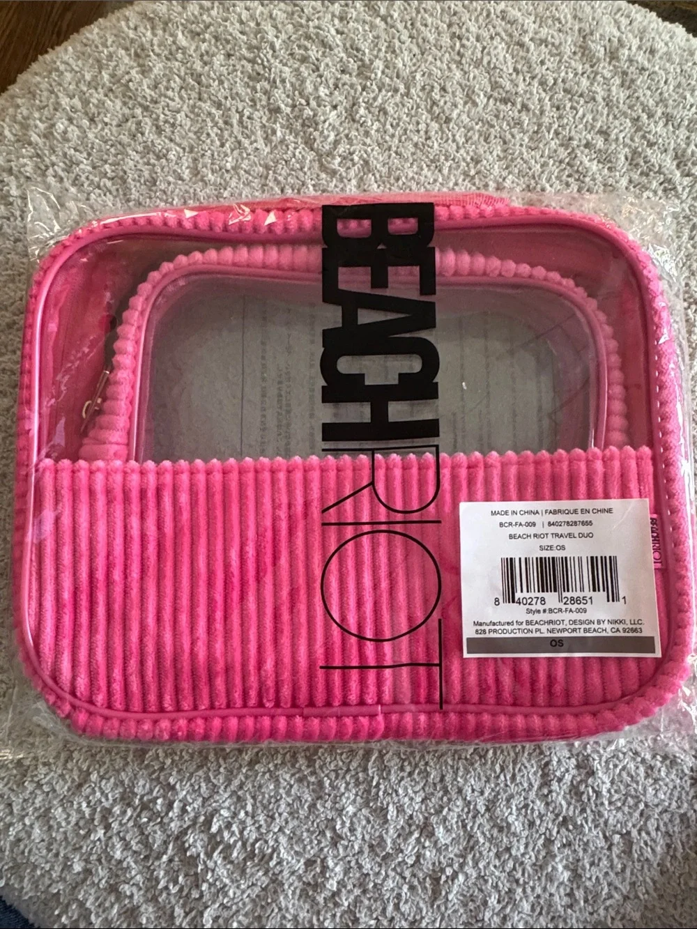 Beachriot pink corduroy & clear vinyl travel cosmetic set of 2 bags. NWT.